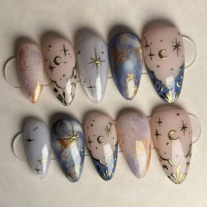 Nail Art Y2K - Zestaw 24 szt. krótkich, migdałowych paznokci,