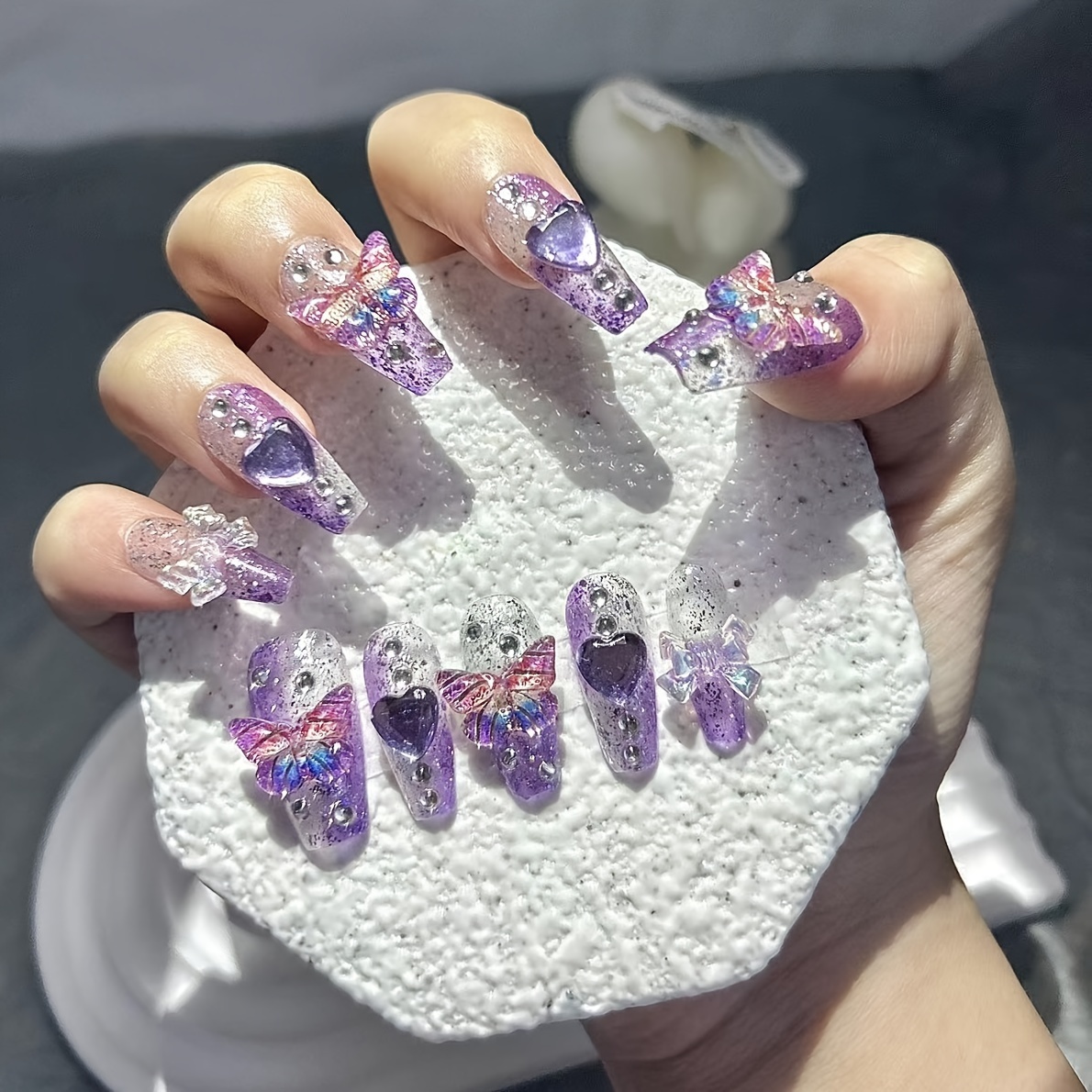 Nail Art Y2K - 10 sztuk Purple Fantasy Butterfly Fake
